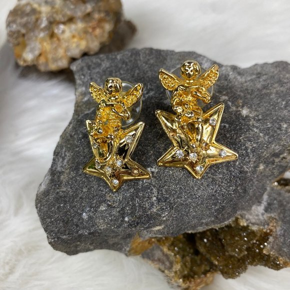 Vintage Gold Tone Angel on Star Pierced Earrings Rhinestones - Picture 7 of 8